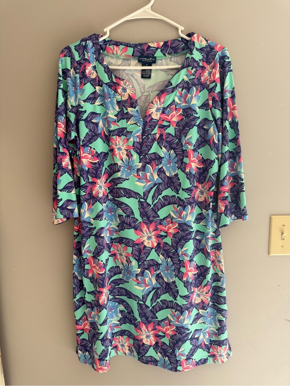 Caribbean Joe Women’s Long Sleeve Beach Tunic Mini Dress SZ M Floral Vacation
